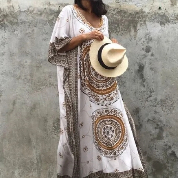 Dresses & Skirts - Neutral Bali Circle Kaftan Beach Dress Kimono, Beach Coverup Maxi